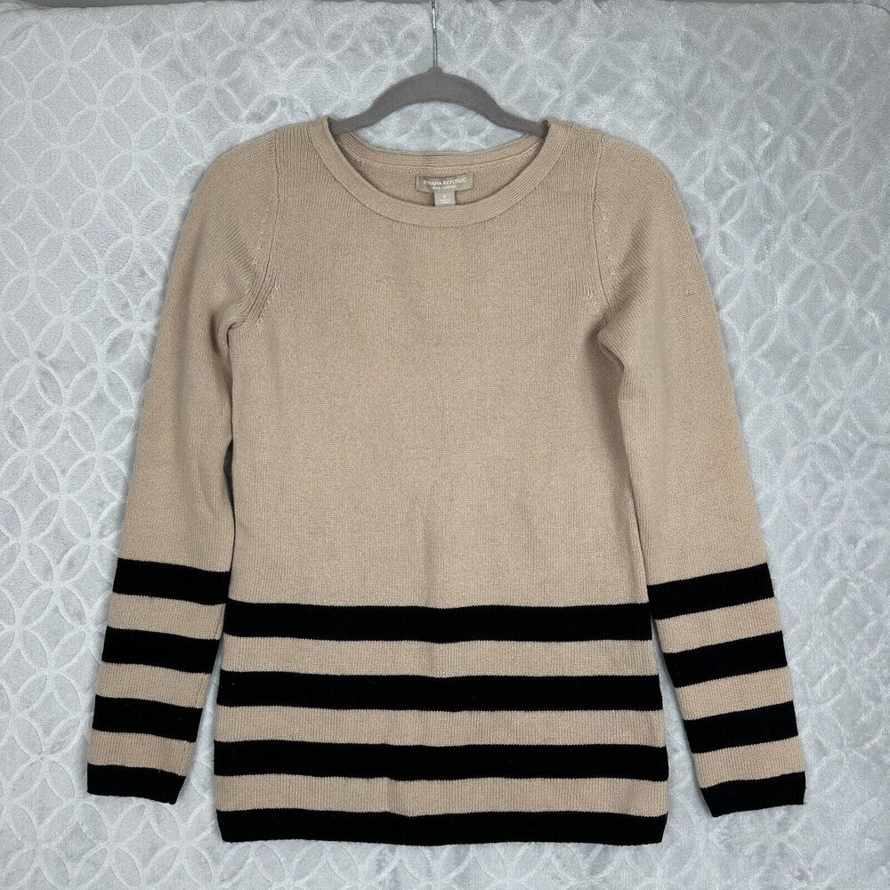 Banana Republic Sweater Women Small Tan Black Wool Cashmere Minimalist Old Money